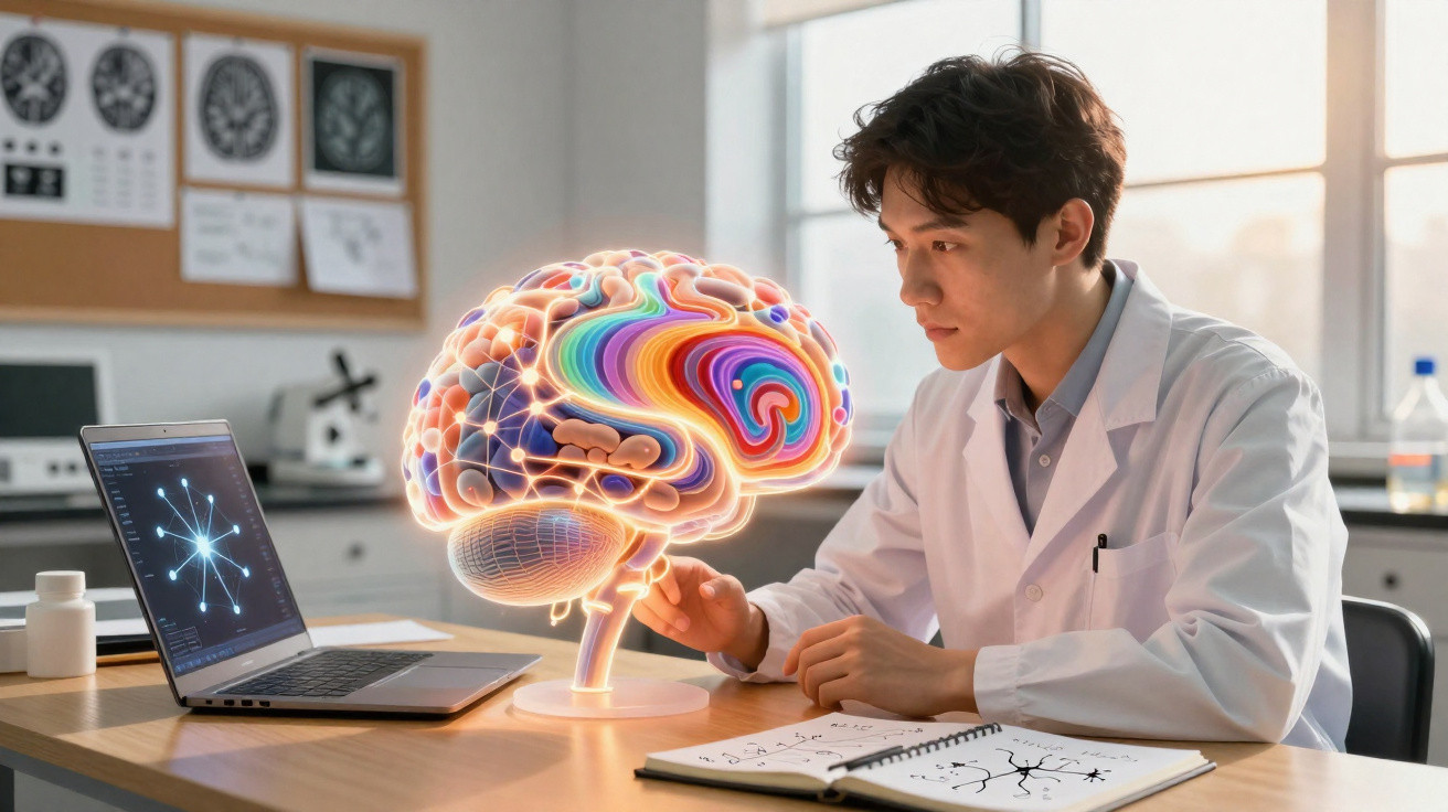Wissenschaftler im weißen Kittel analysiert digitales 3D-Modell eines Gehirns im Labor am Arbeitsplatz.