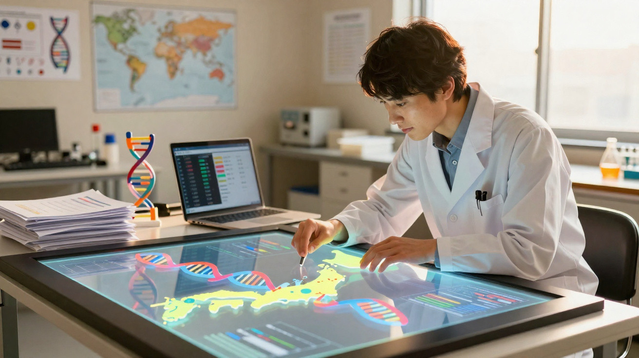 Wissenschaftler in Laborkittel analysiert DNA-Daten auf großem interaktivem Touchscreen im Labor.
