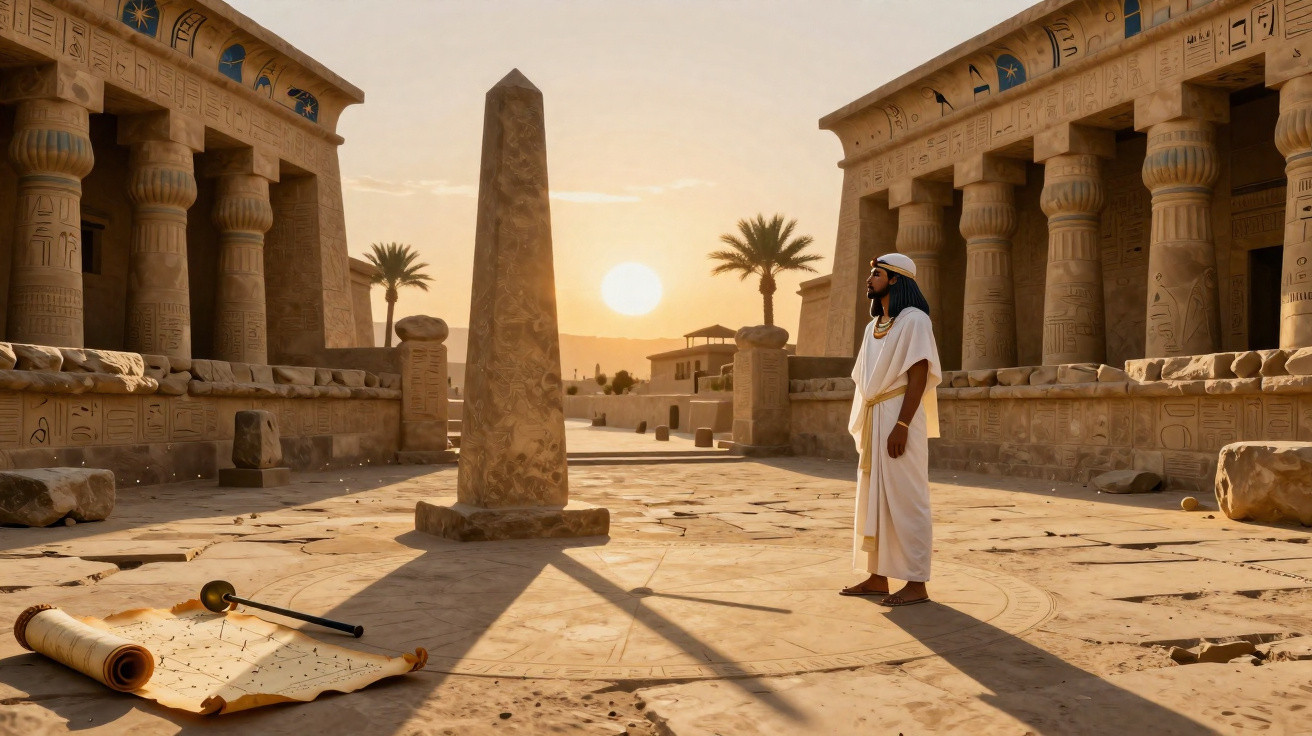 Ägyptischer Mann in traditioneller Kleidung neben einem Obelisken in einem antiken Tempel bei Sonnenuntergang.