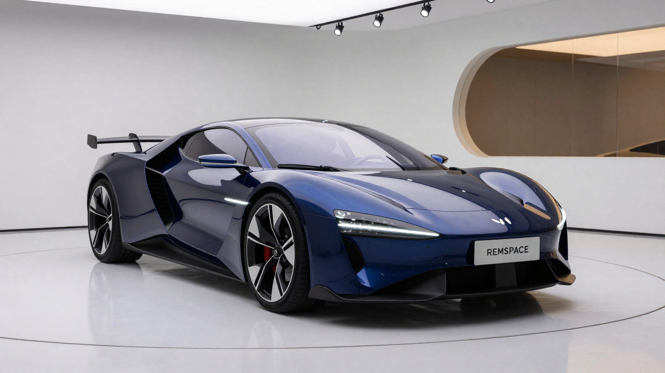 Dunkelblauer Sportwagen mit aerodynamischem Design und Spoiler in modernem, weißem Ausstellungsraum.