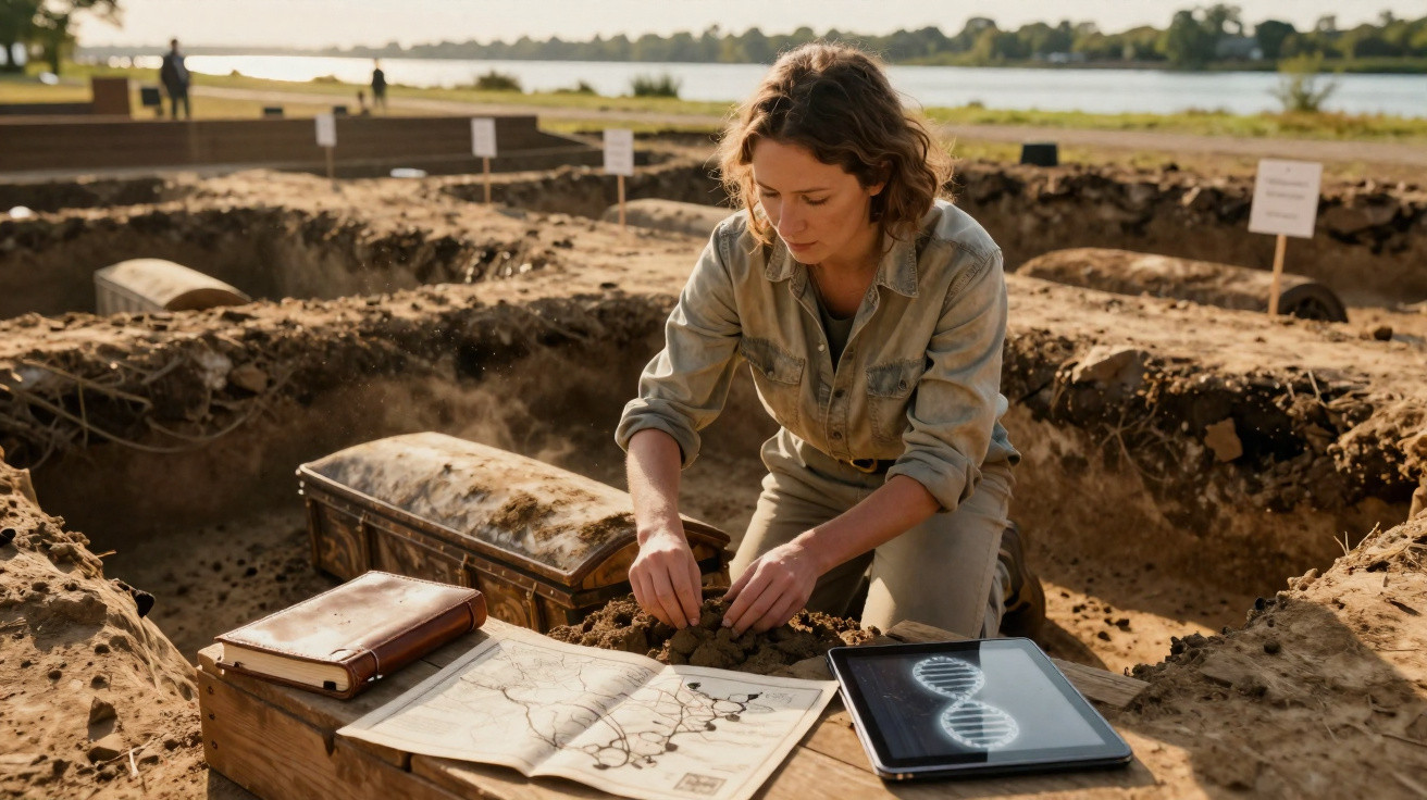 Archäologin gräbt an einer Ausgrabungsstätte mit alten Artefakten, Karte und DNA-Analyse auf Tablet.