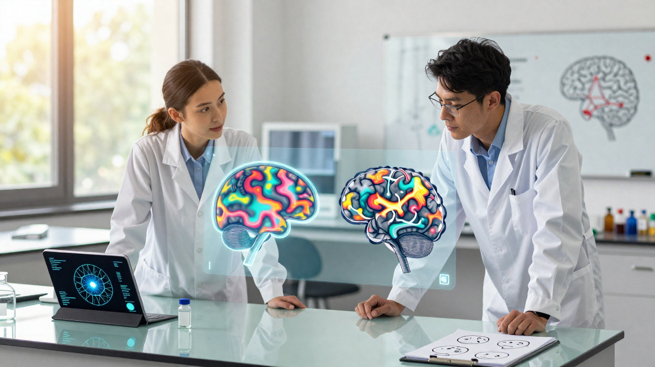 Zwei Wissenschaftler im Labor analysieren farbige Gehirnscans, digitale Darstellungen über dem Labortisch.