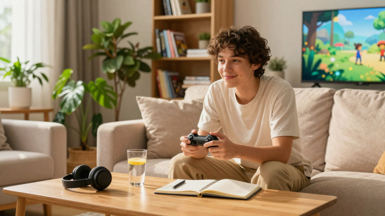 Jugendlicher spielt Videospiel mit Controller auf Sofa, Tisch mit Notizbuch, Glas Wasser und Kopfhörern davor.