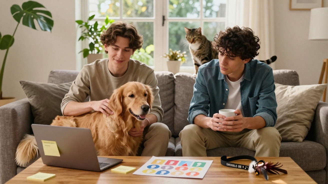 Zwei junge Männer auf Sofa mit Golden Retriever und Katze, Laptop und farbige Grafiken auf Tisch.