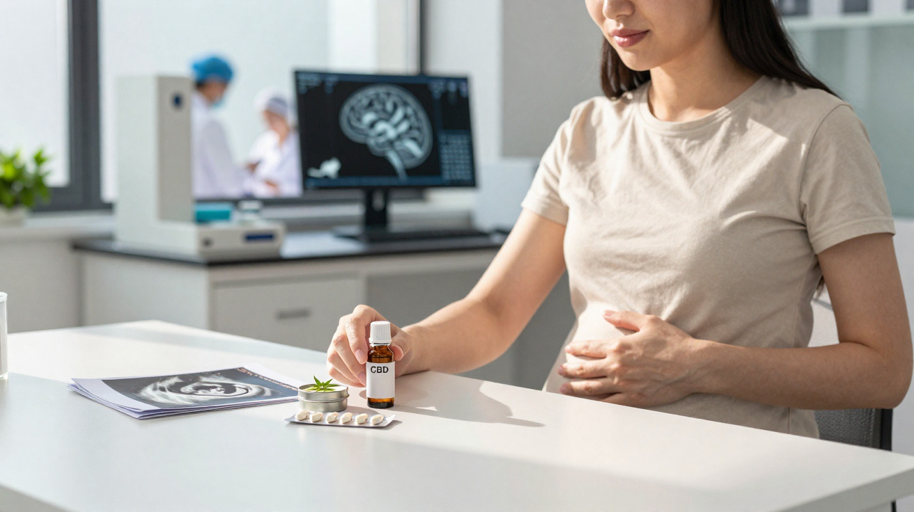 Schwangere Frau hält CBD-Ölflasche, auf dem Tisch Ultraschallbilder, Tabletten und ein Pflanzentopf.