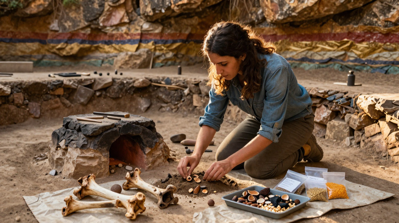 Frau untersucht prähistorische Artefakte und Knochen in einem archäologischen Ausgrabungsstätte.