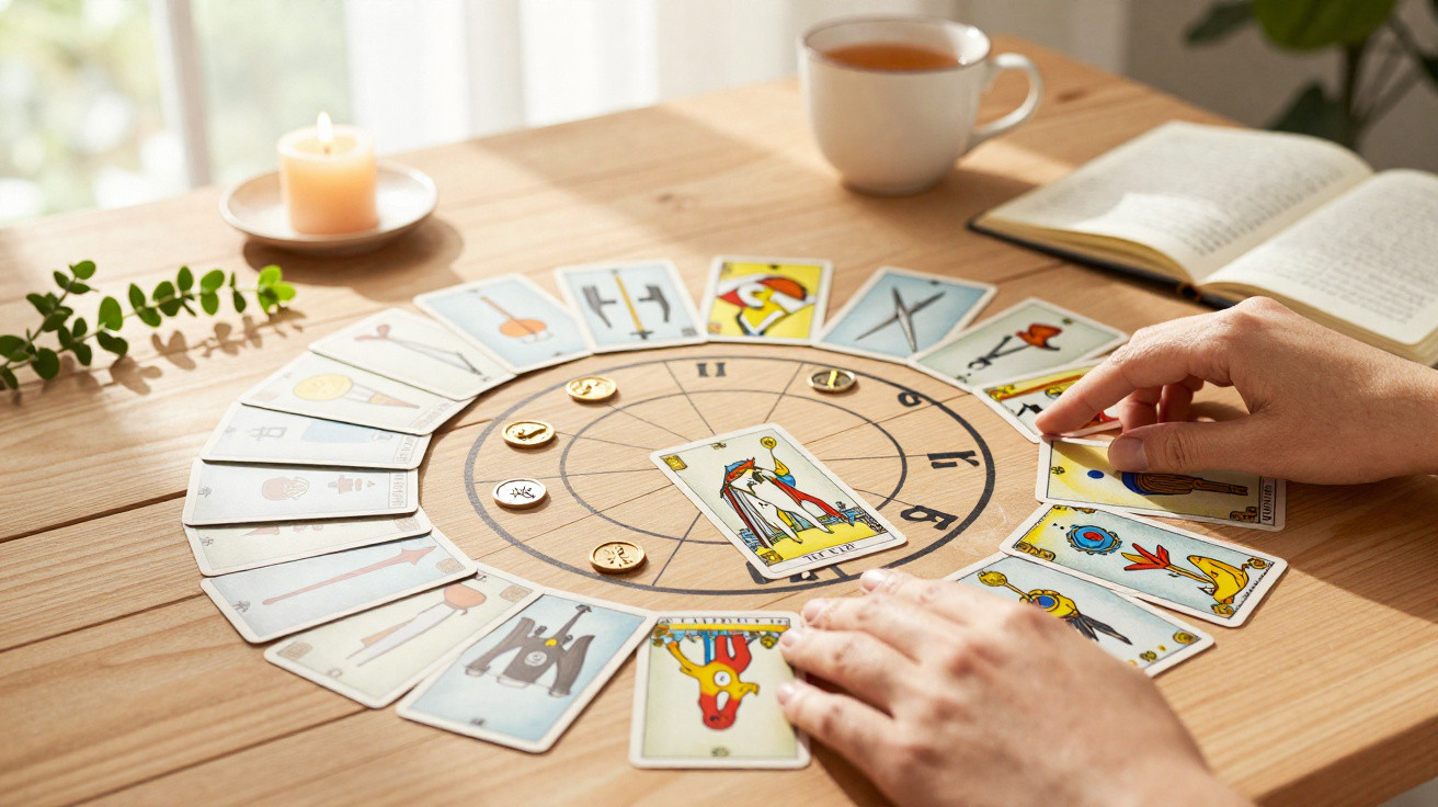Person legt Tarotkarten in einem Kreis auf einem Holztisch mit Kerze, Tasse Tee und Buch.