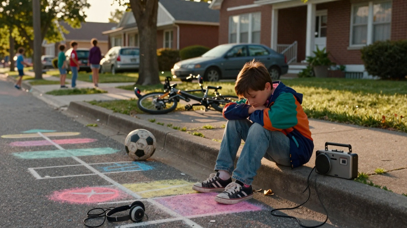 Ein trauriger Junge sitzt auf dem Bordstein einer Straße, umgeben von Spielzeug und spielenden Kindern.