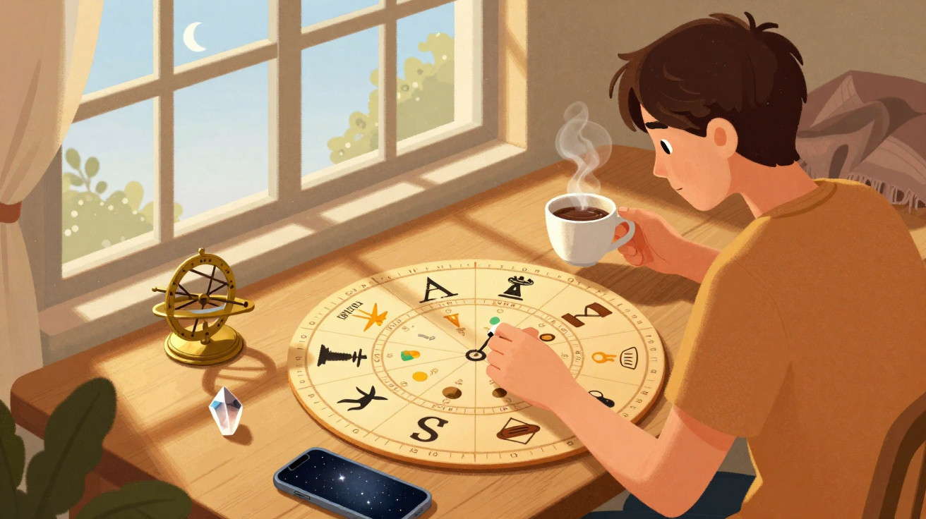 Junger Mann trinkt Kaffee und studiert ein astrologisches Horoskop am sonnendurchfluteten Fenster.
