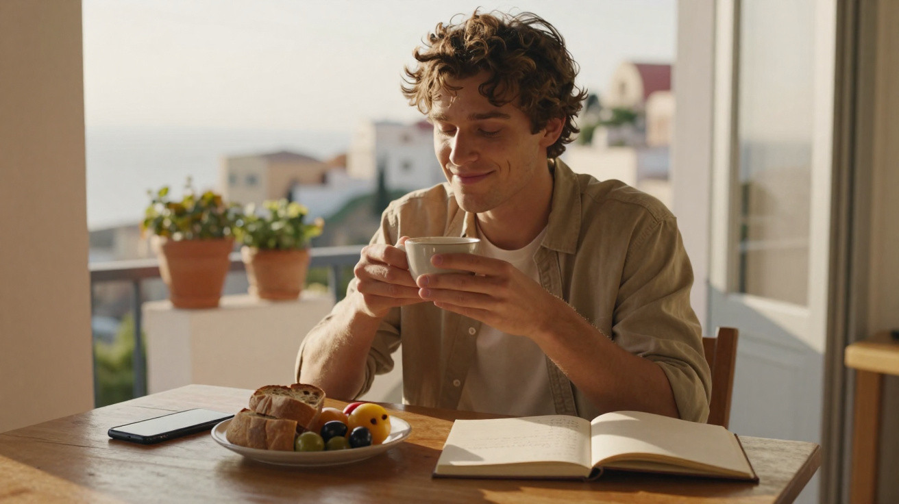 Junger Mann trinkt Kaffee beim Frühstück mit Brot, Obst und offenem Buch auf dem Tisch.