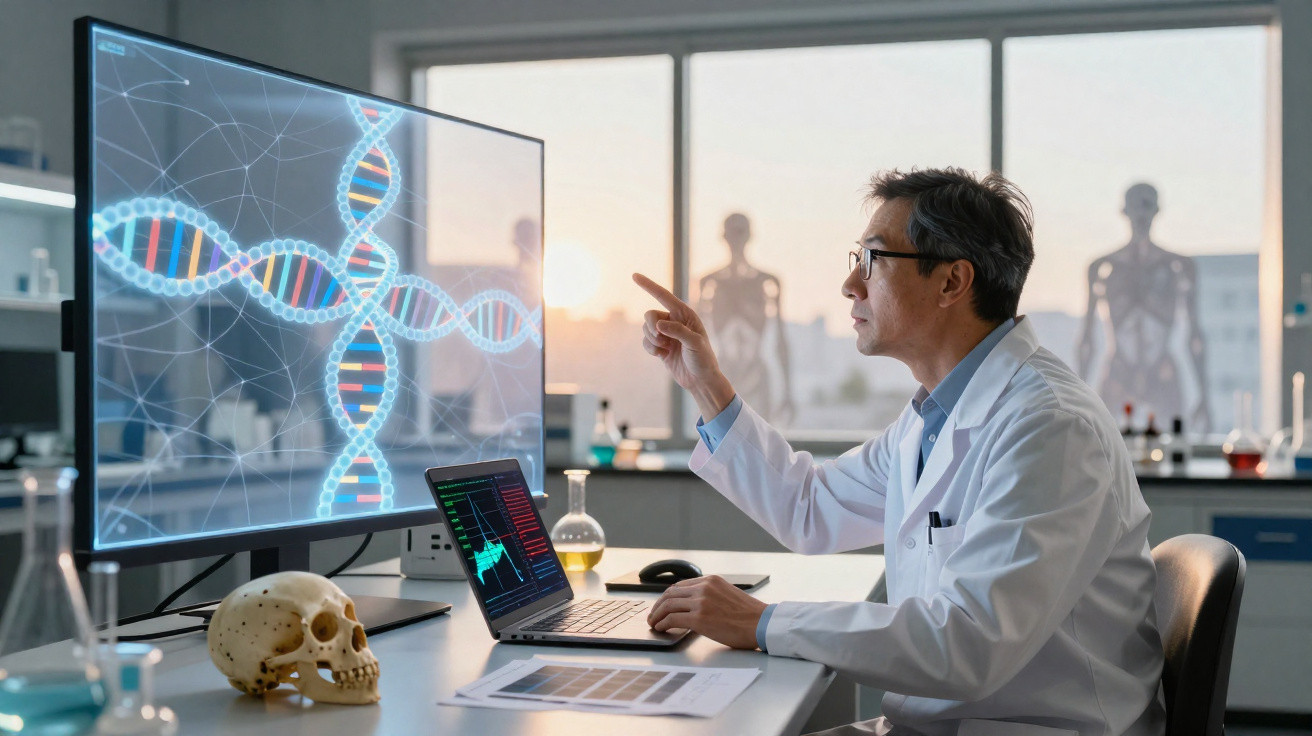 Wissenschaftler im Labor untersucht auf Bildschirm digitale DNA-Struktur, neben Laptop und menschlichem Schädel.