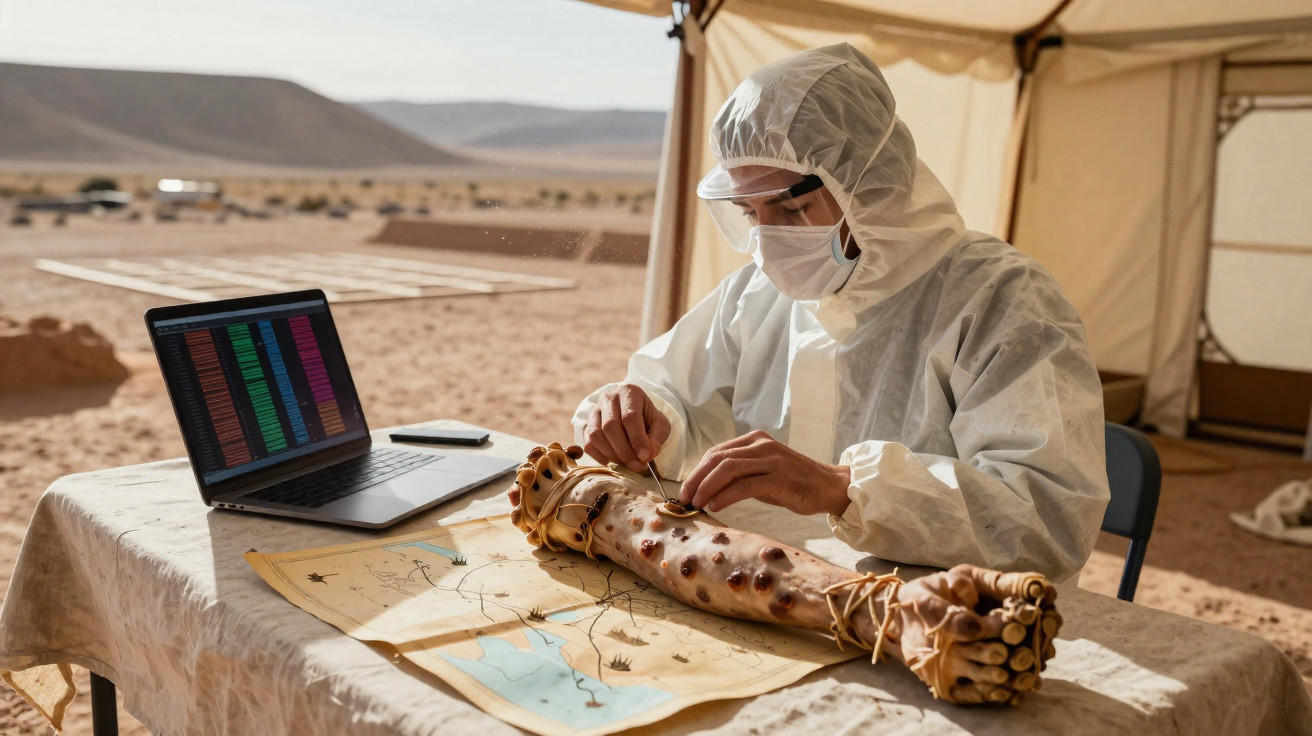 Wissenschaftler in Schutzanzug untersucht Ausgrabungsfund an Tisch mit Laptop und Karte in Wüstenlager.