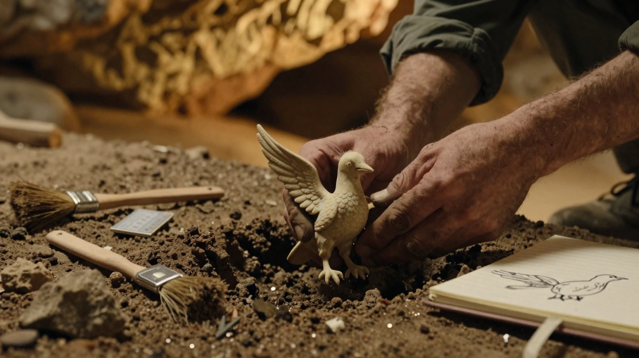 Hände platzieren eine Vogelstatue in der Erde, daneben Pinsel und eine Skizze eines Vogels.