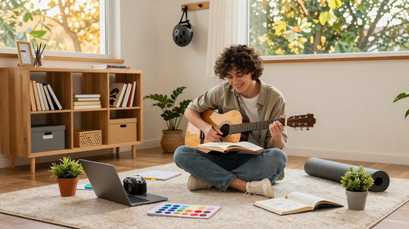 Junger Mensch sitzt im Wohnzimmer auf Teppich und spielt Gitarre, umgeben von Laptop, Büchern und Malutensilien.