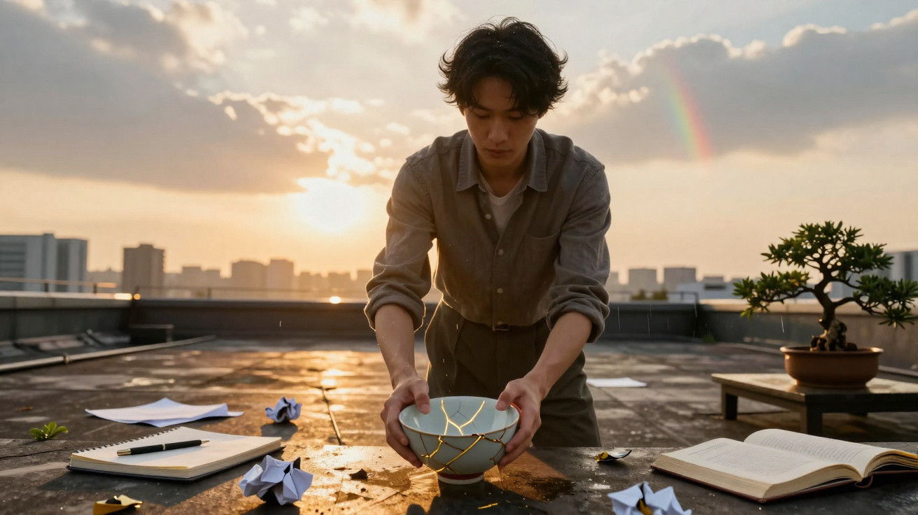 Junger Mann restauriert auf Dach bei Sonnenuntergang eine kintsugi Schale, umgeben von Notizbuch und Bonsai.