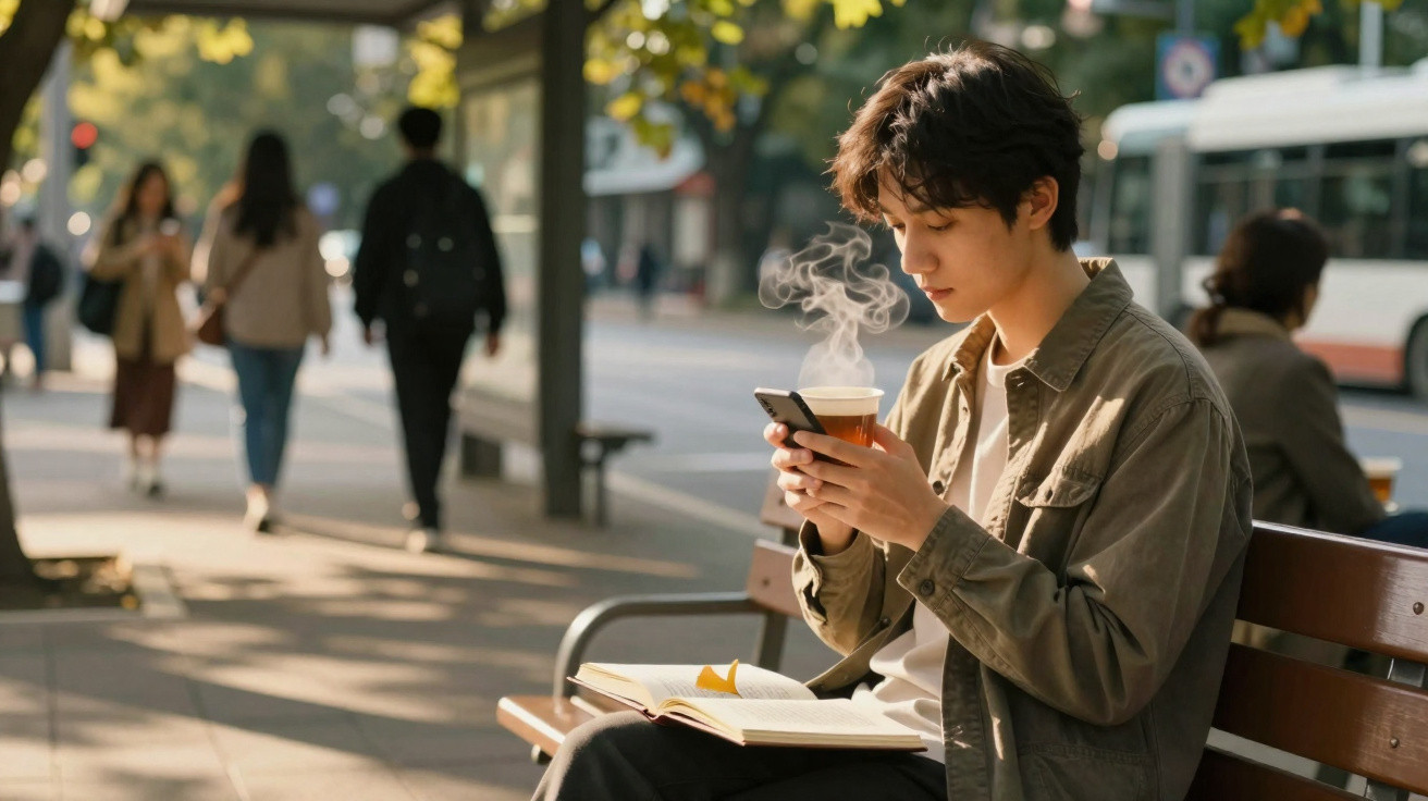 Junger Mann sitzt an einer Bushaltestelle, trinkt Kaffee und schaut auf sein Handy, Buch auf dem Schoß.