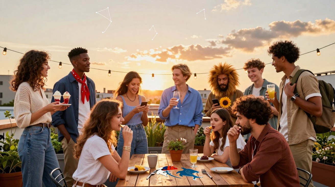 Gruppe junger Menschen feiert auf Dachterrasse bei Sonnenuntergang mit Getränken, Snacks und Dekoration.