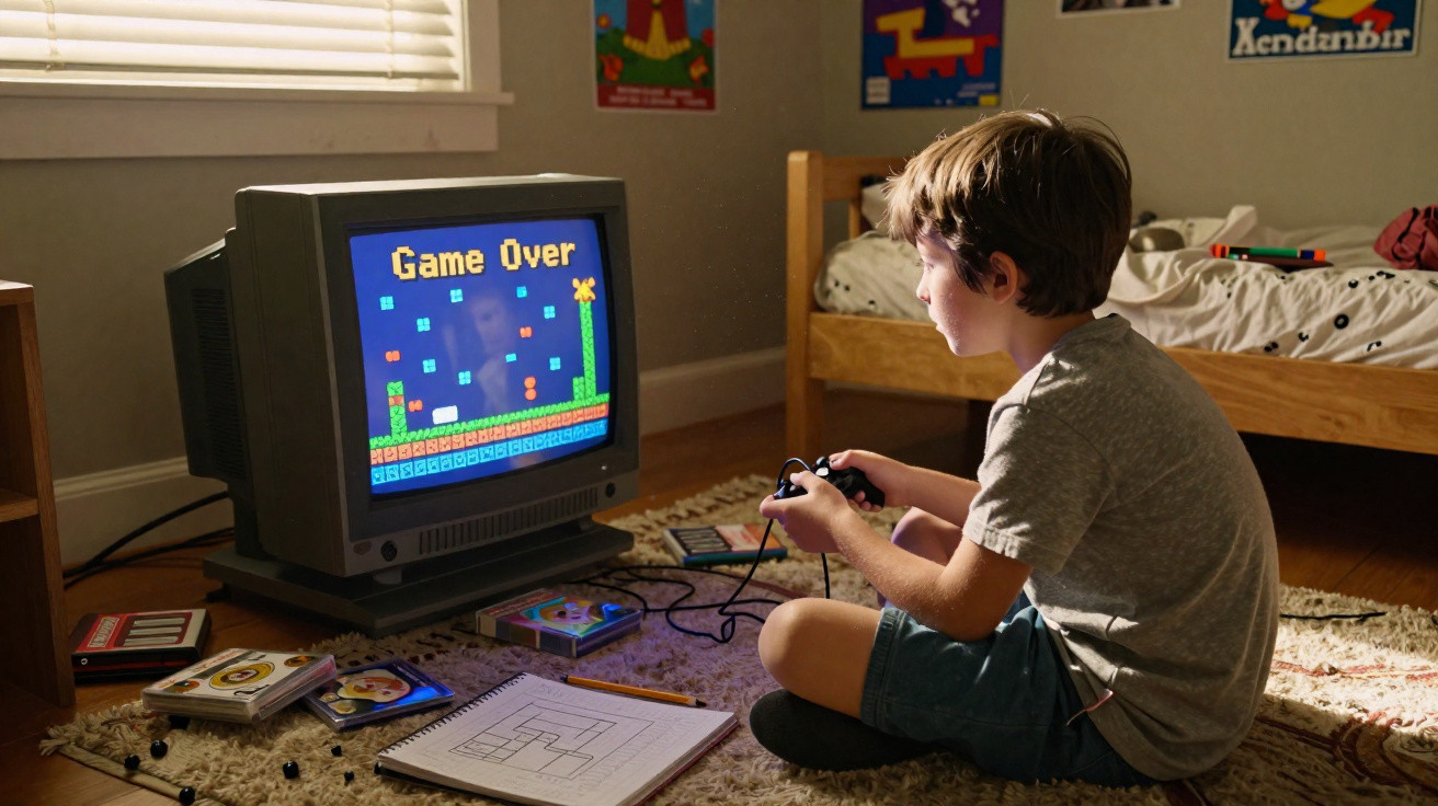 Junge sitzt auf dem Boden und spielt Videospiel an altem Röhrenfernseher mit „Game Over“-Bildschirm.