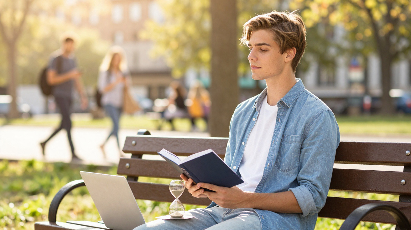 Junger Mann sitzt auf Parkbank und liest Buch, neben ihm Laptop und Sanduhr bei sonnigem Wetter.