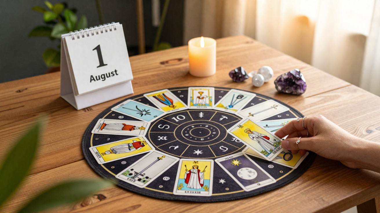 Hand legt Tarotkarte auf Rundtuch mit Tierkreiszeichen, Kerze und Kalender zeigt 1. August auf Holztisch.