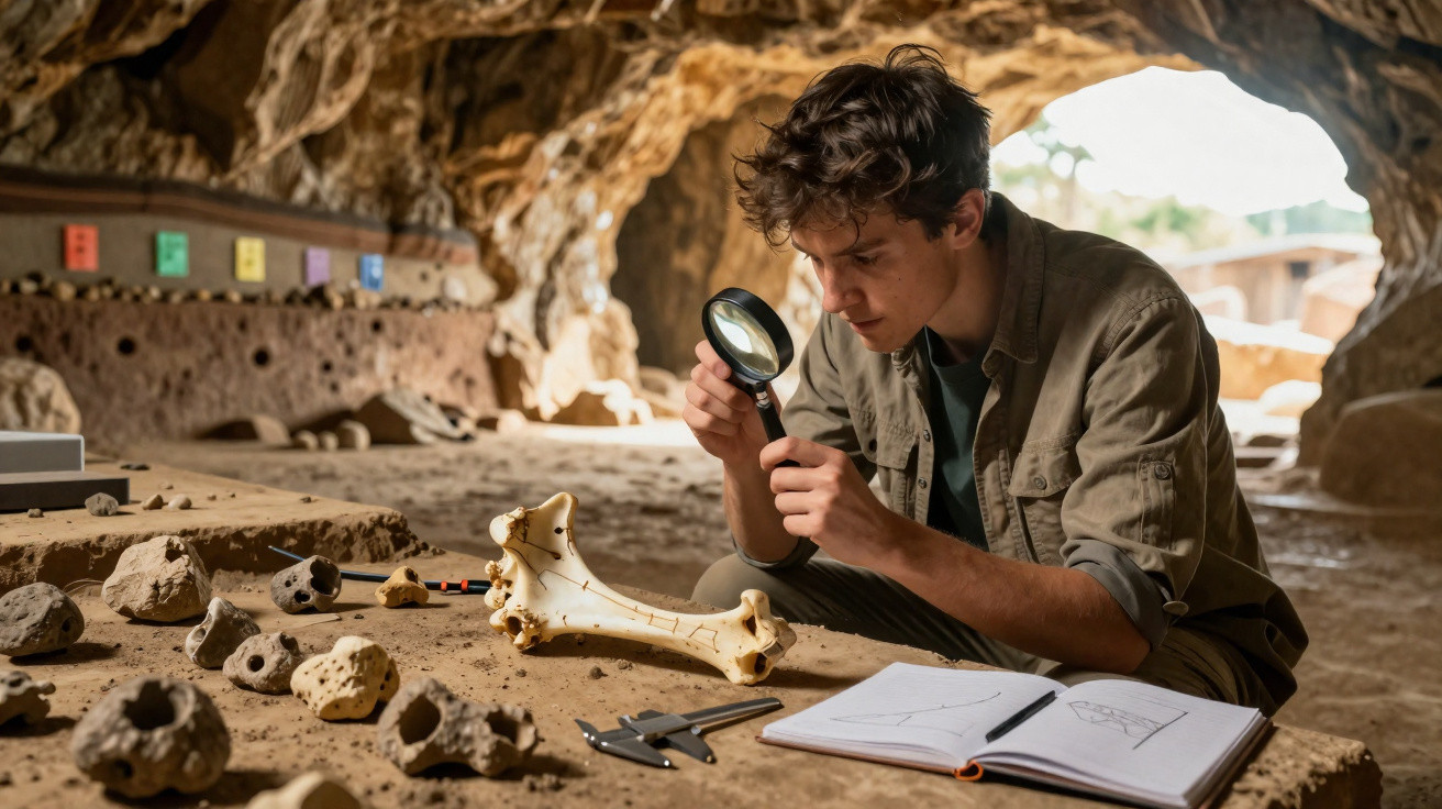 Archäologe untersucht Knochen mit Lupe in einer Höhle, umgeben von Fossilien und Skizzen im Notizbuch.