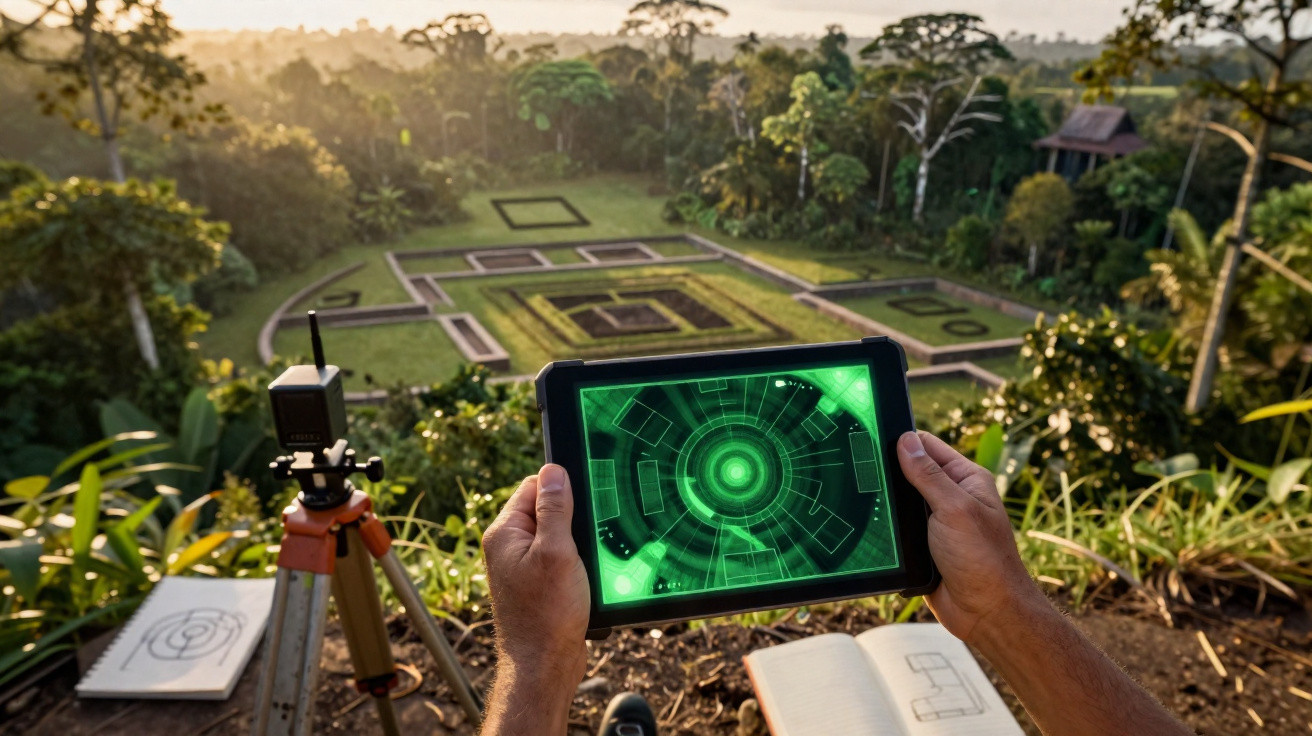 Person hält Tablet mit grüner digitaler Karte vor einer archäologischen Ausgrabungsstätte im Dschungel bei Sonnenuntergang.