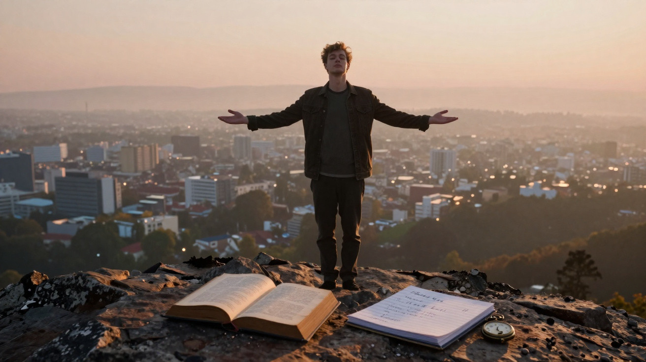 Junger Mann steht mit ausgebreiteten Armen auf Felsen mit Stadtblick, offenem Buch und Notizblock davor.
