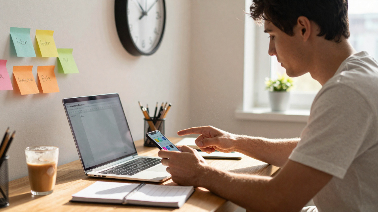 Junger Mann arbeitet zu Hause am Laptop und nutzt Smartphone, umgeben von Notizbuch und Getränk am Schreibtisch.