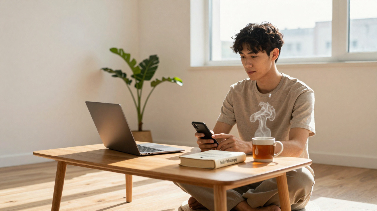 Junger Mann sitzt am Tisch mit Laptop, Buch und dampfender Tasse, nutzt sein Smartphone im hellen Raum.