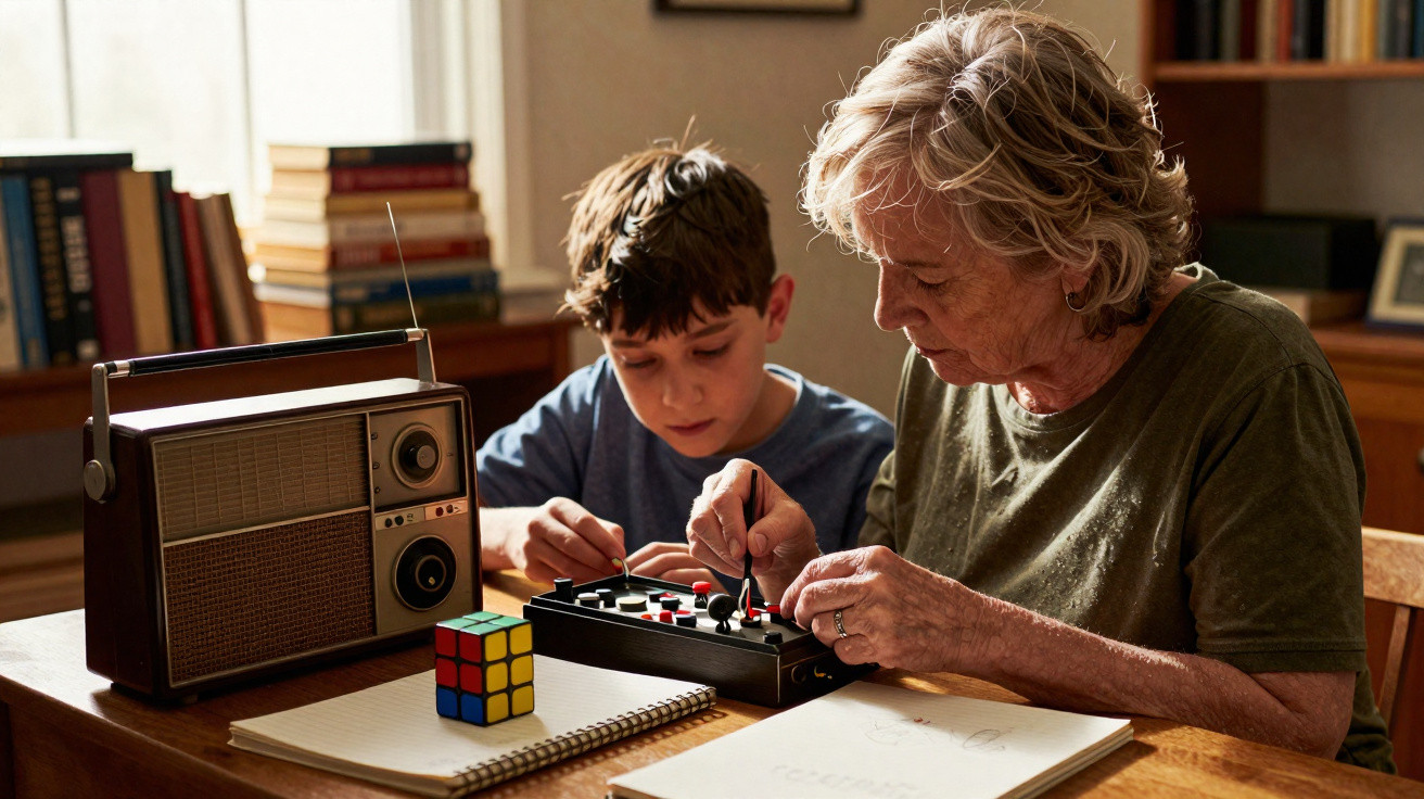 Ältere Frau und Junge lösen gemeinsam ein Elektronikrätsel am Holztisch mit Radio und Rubik's Cube neben ihnen.
