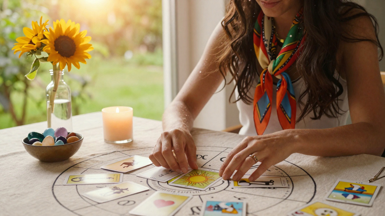 Frau legt Tarotkarten auf einen Tisch mit Sonnensymbol, Kerze und Sonnenblumen im Hintergrund.