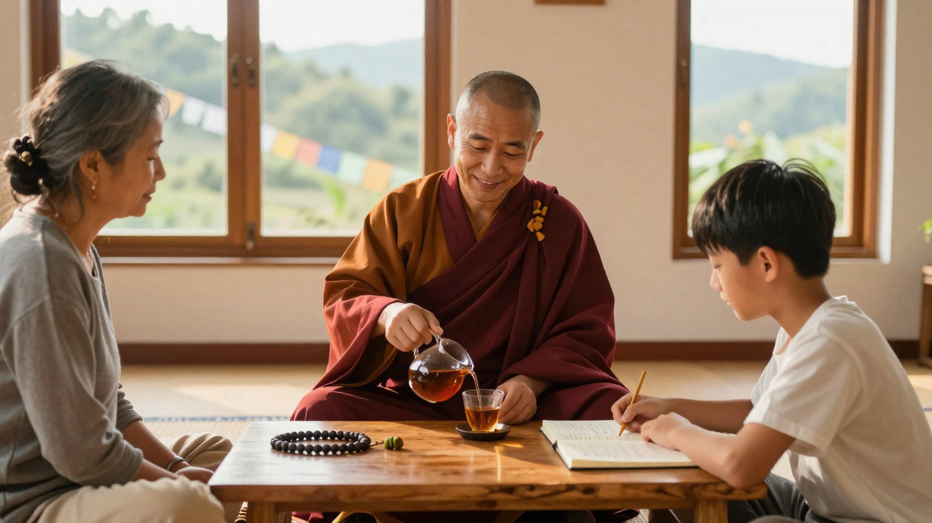 Ein buddhistischer Mönch gießt Tee, während eine Frau und ein Junge an einem niedrigen Tisch sitzen.