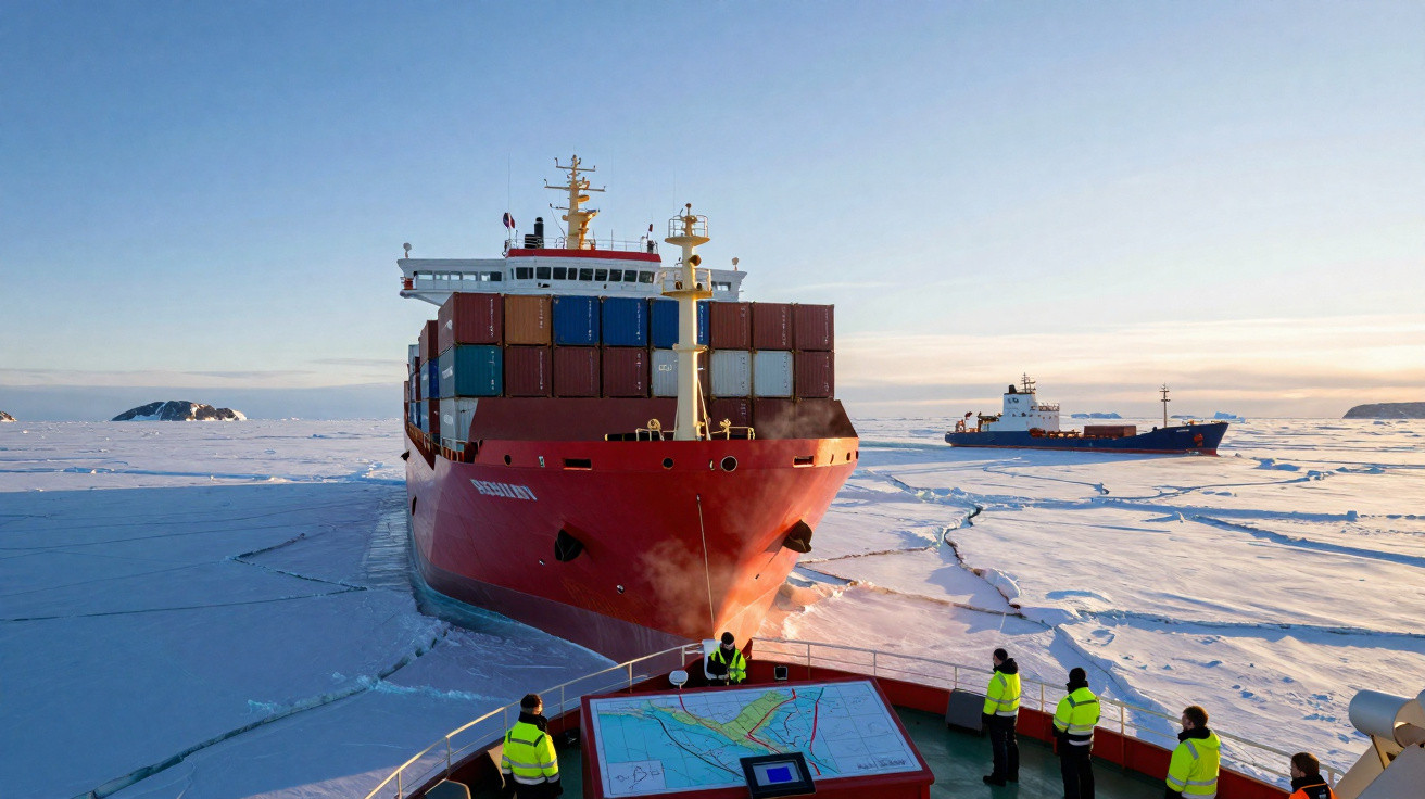 Containerschiffe durchqueren eisbedeckte Gewässer bei klarem Himmel, mehrere Personen an Deck in Warnwesten.