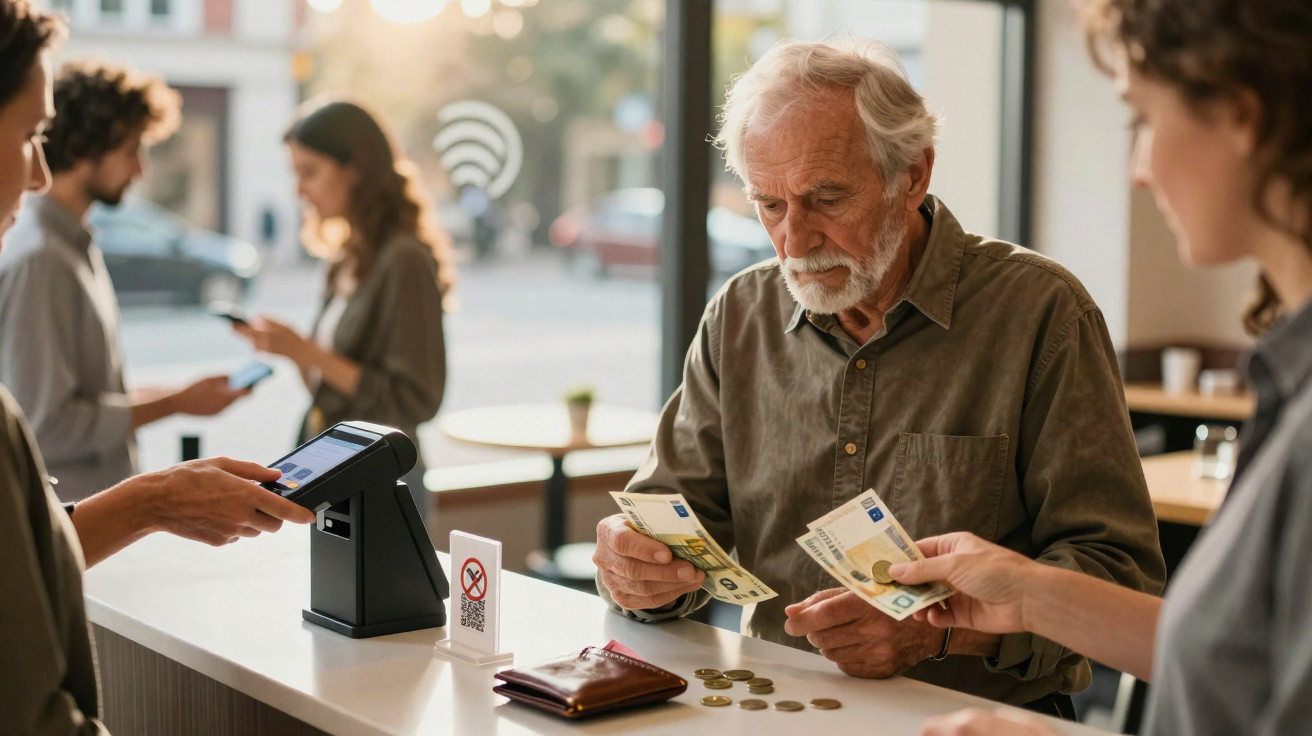 Älterer Mann zählt Bargeld an einer Theke, während andere Personen im Hintergrund mobile Geräte benutzen.
