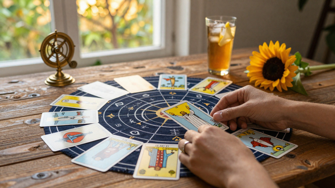 Person legt Tarotkarten auf einem astrologischen Tuch auf einem Holztisch neben Sonnenblume und Getränk ab.
