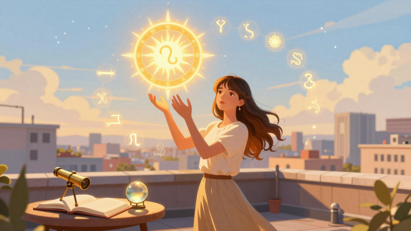 Frau auf Dachterrasse mit leuchtendem Sternzeichenkreis und astrologischen Symbolen im Sonnenuntergang.