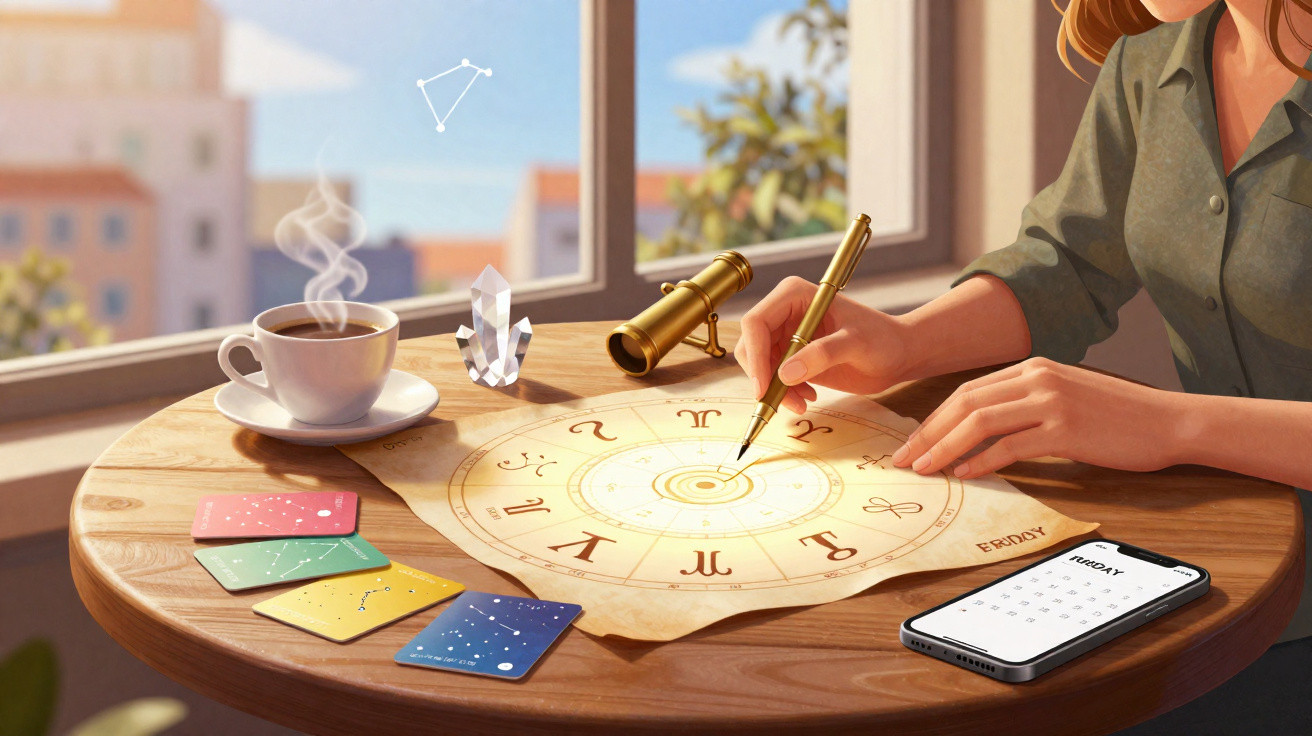 Frau zeichnet auf Horoskop-Sternzeichen auf Papier, umgeben von Wahrsagekarten, Tasse Kaffee und Handy mit Kalender.