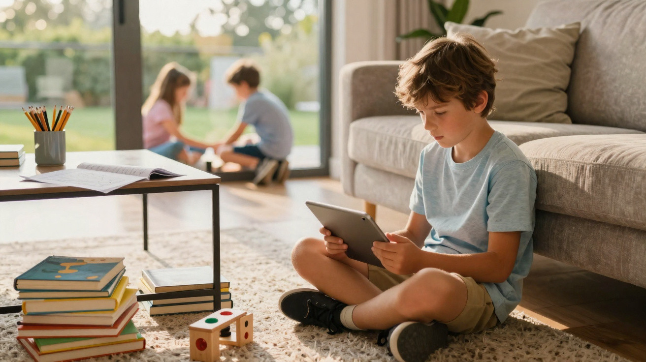 Junge sitzt auf dem Teppich im Wohnzimmer und nutzt ein Tablet, während zwei Kinder im Hintergrund spielen.