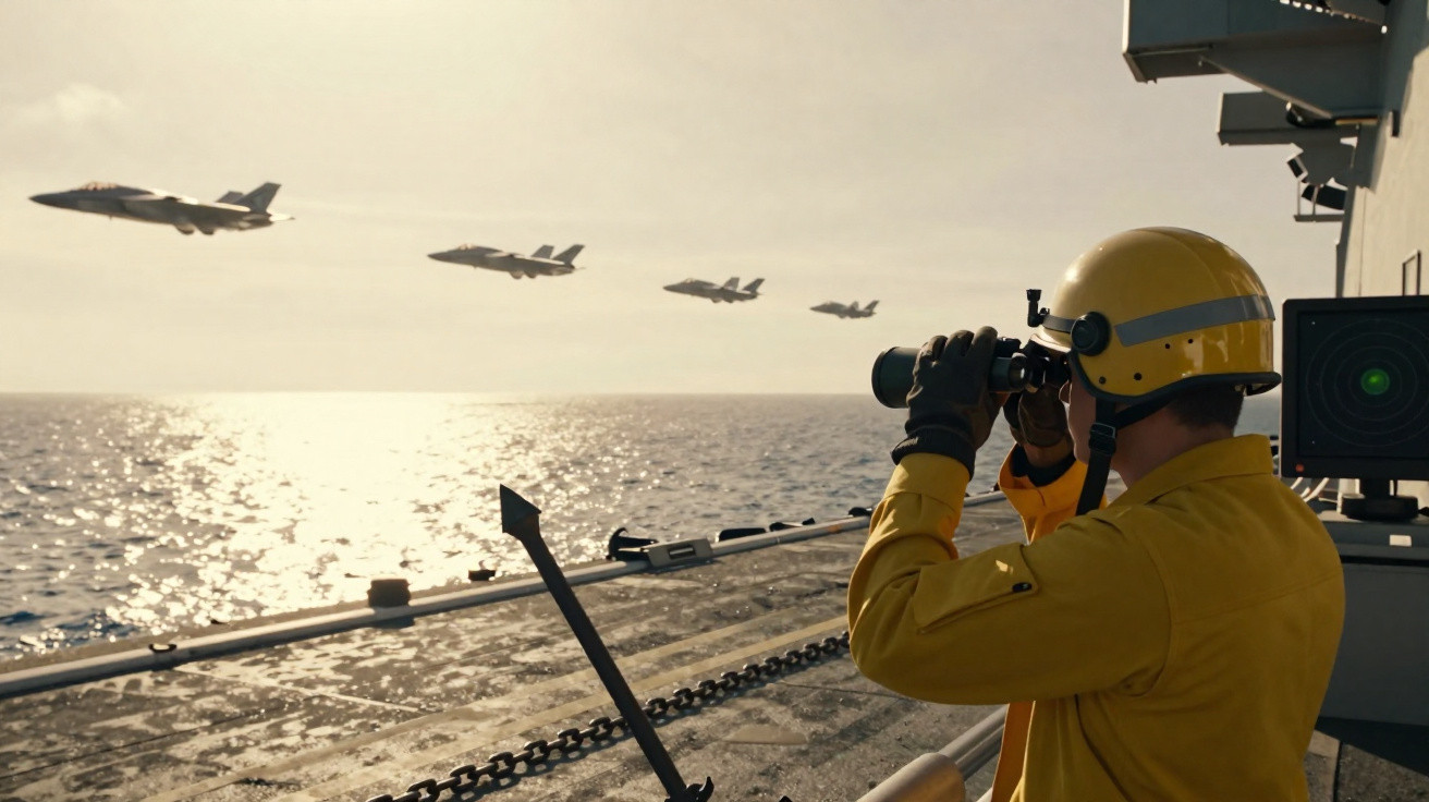 Mann in gelbem Schutzhelm beobachtet mit Fernglas fünf Kampfjets über Meer von Schiff aus bei Sonnenuntergang.