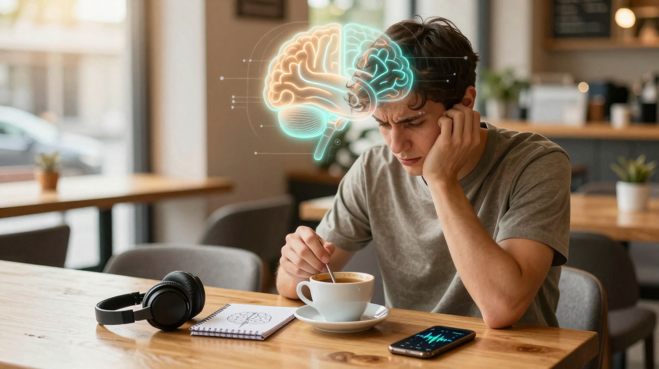 Mann sitzt im Café und wirkt nachdenklich, darüber schwebt eine digitale Illustration eines Gehirns.