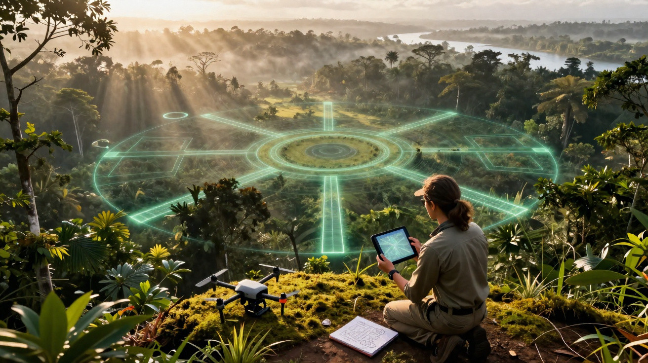 Person mit Tablet und Drohne erkundet nebligen Dschungel unter holografischem futuristischem Kartendesign.
