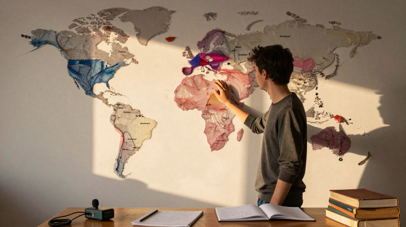 Junger Mann steht vor bunter Weltkarte an der Wand und berührt Afrika, Bücher und Notizen auf Holztisch.
