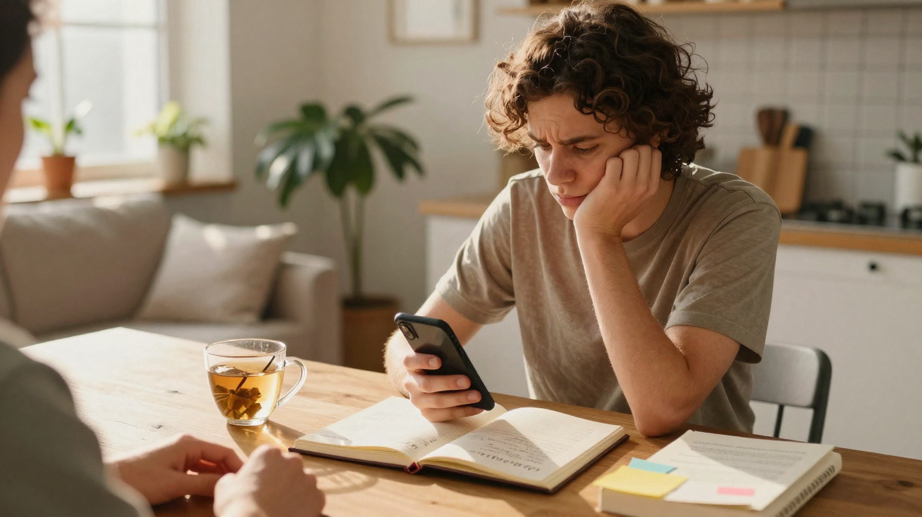 Junger Mann sitzt am Tisch, schaut nachdenklich auf sein Smartphone, umgeben von Büchern und Notizbüchern.