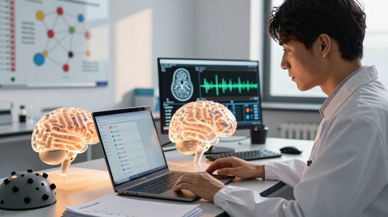 Wissenschaftler analysiert Gehirndaten an Laptop und Monitor mit digitalem 3D-Gehirnmodell im Labor.