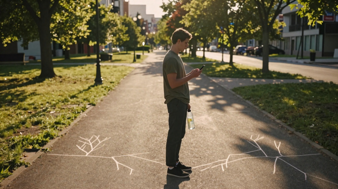 Ein Mann steht auf einem Gehweg mit Straßenkunst, hält eine Wasserflasche und blickt auf sein Smartphone.