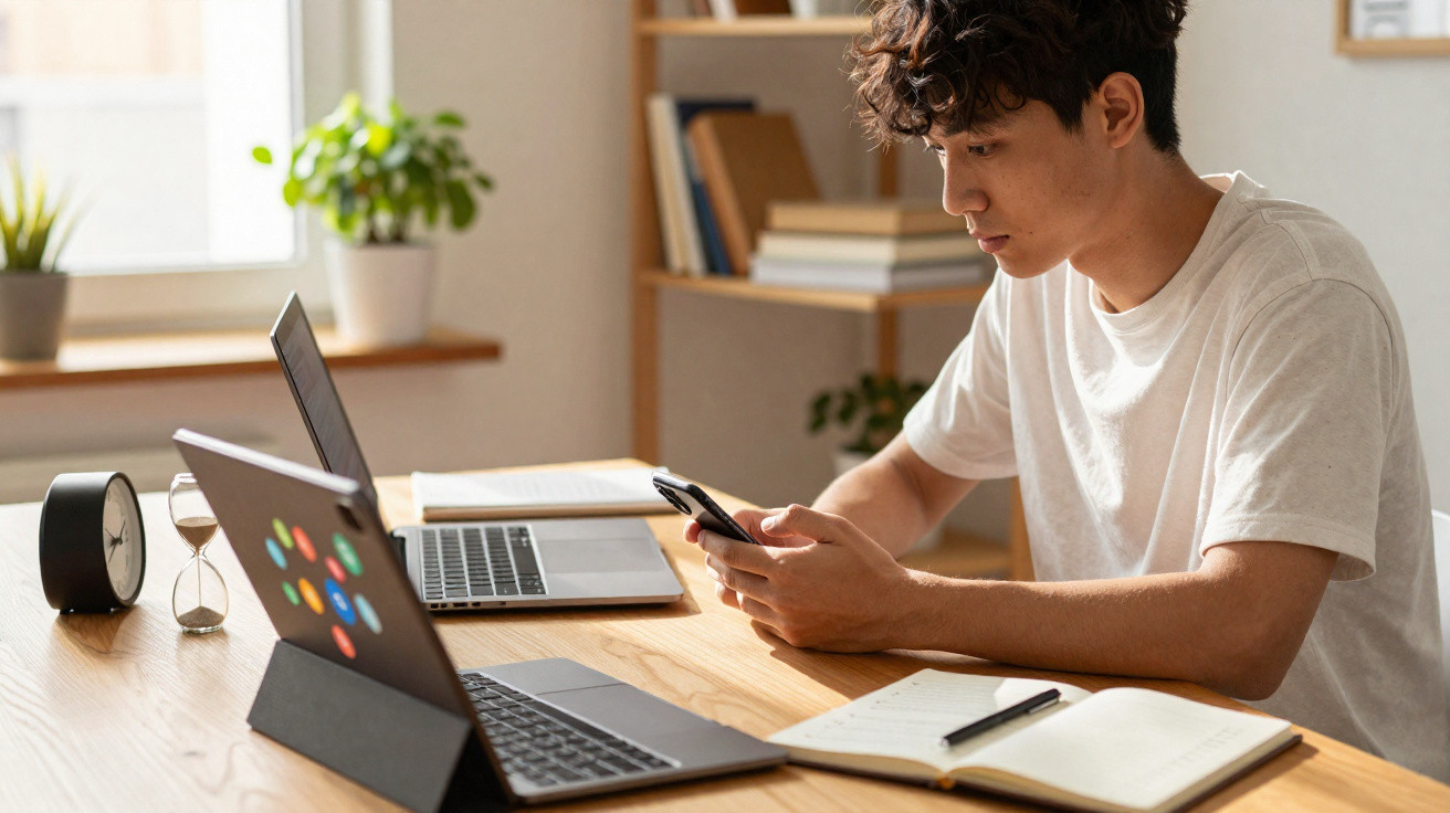 Junger Mann arbeitet zu Hause am Schreibtisch mit Laptop, Tablet, Smartphone und Notizbuch.