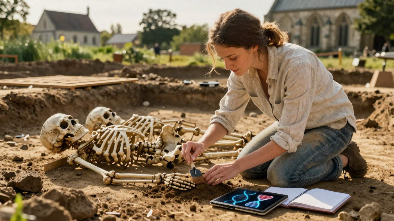Archäologin entdeckt Skelett bei Ausgrabung im Freien, neben Tablet mit DNA-Analyse und Notizbuch.