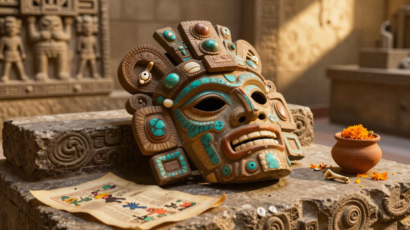 Detailreiche aztekische Maske mit türkisfarbenen Verzierungen auf einem steinernen Altar in Museumsszene.