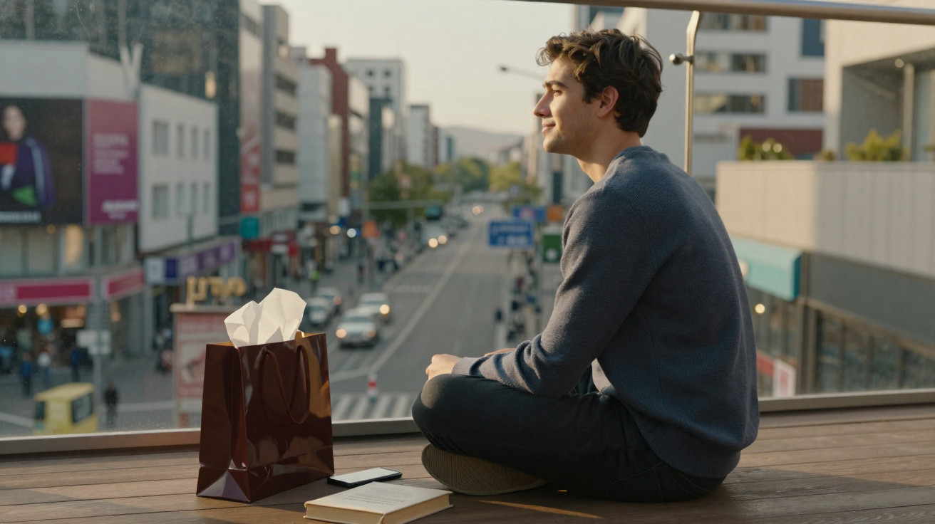 Junger Mann sitzt entspannt auf Holzterrasse mit Einkaufstüte, Buch und Smartphone, Blick auf Stadtstraße im Hintergrund.
