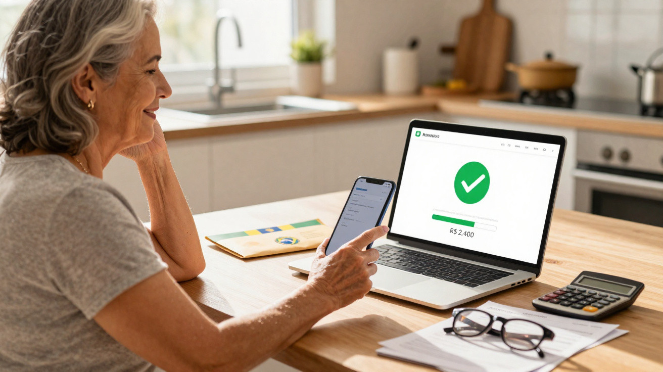 Ältere Frau sitzt in moderner Küche, hält Handy und schaut auf Laptop mit grünem Häkchen und Betrag R$ 2400.